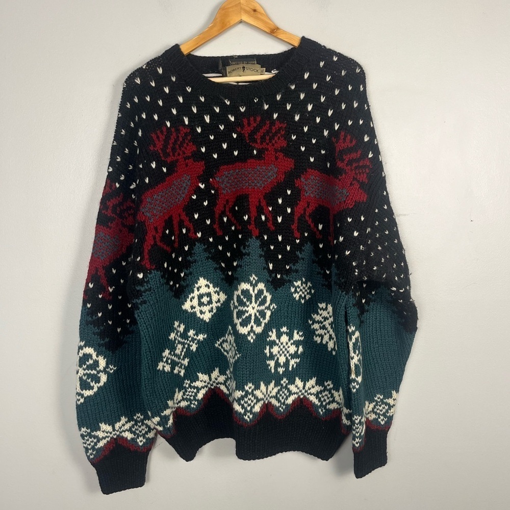 Vintage 1990s Robert Stock Hand Knit Wool Sweater Adult XL Christmas Pattern